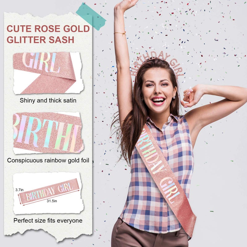 Aurmigle Birthday Crown and Sash Set for Women - Glitter Birthday Girl Sash  Rose-Gold Rhinestone Tiara Headband Gifts Sweet Happy Accessories - Image 4
